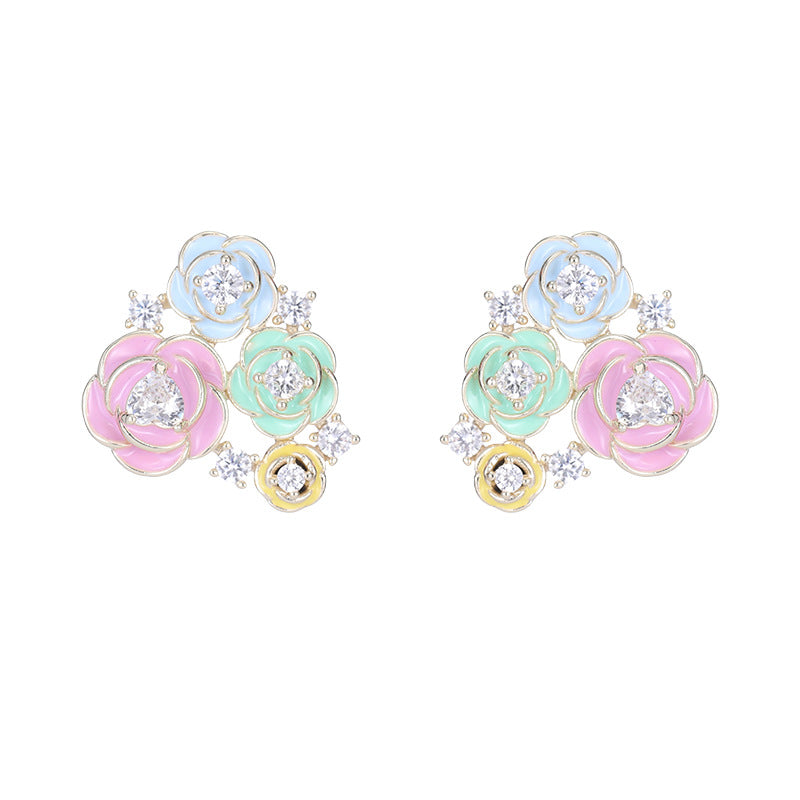 Enamel Floral Earring with Shinng Heart Zirconia