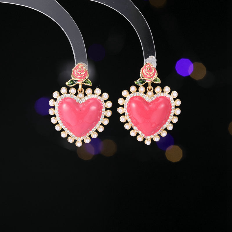 Enamel Pink Heart Rose Earrings