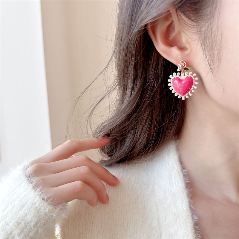 Enamel Pink Heart Rose Earrings