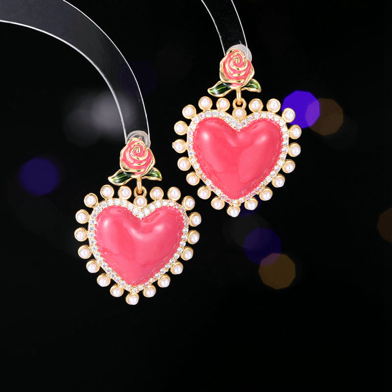 Enamel Pink Heart Rose Earrings