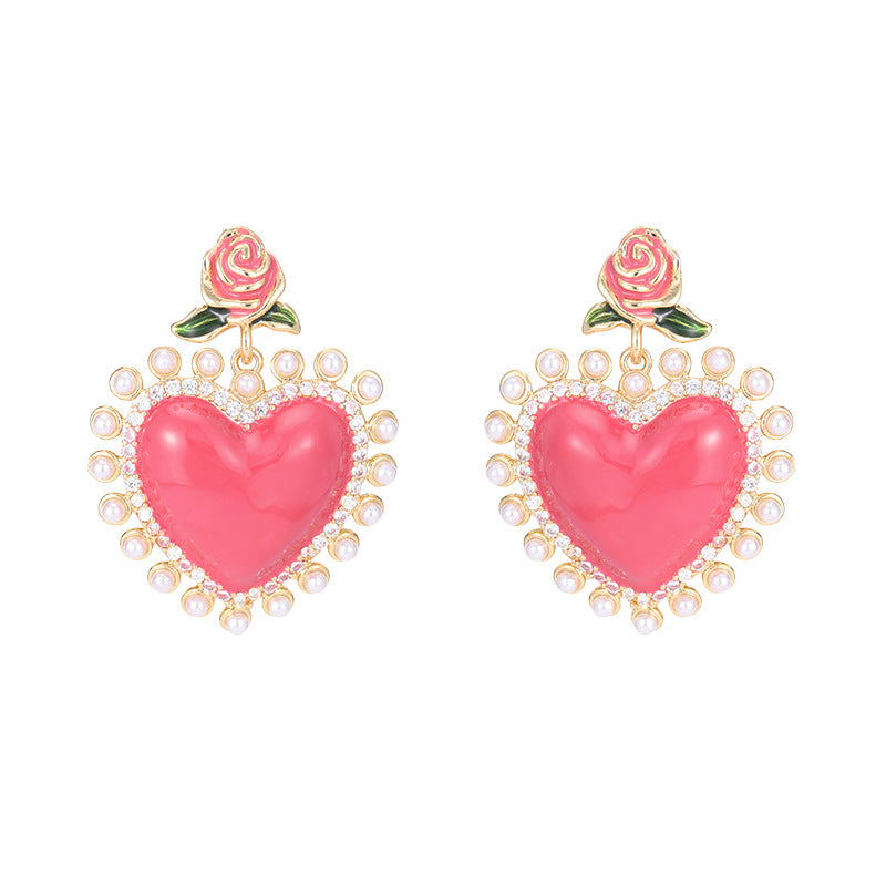 Enamel Pink Heart Rose Earrings